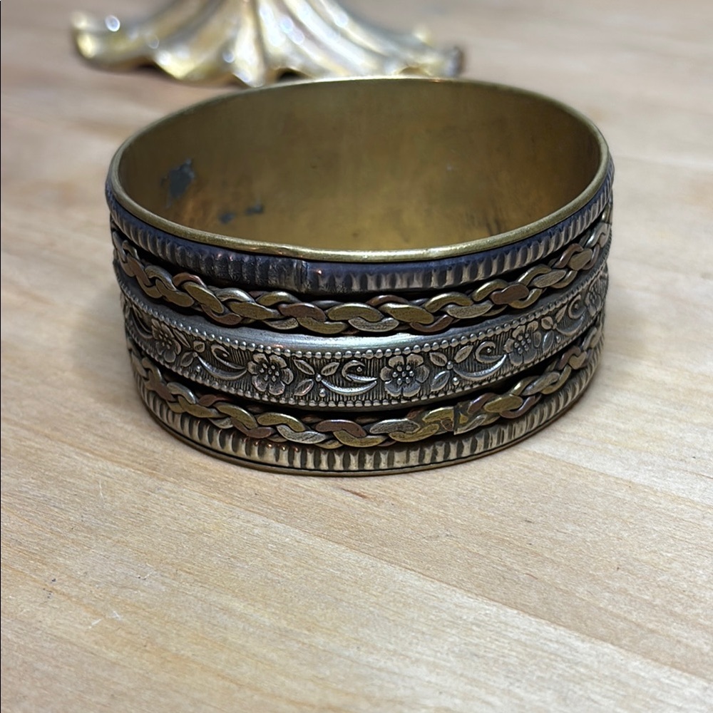Vintage Mixed Metal Cuff Bracelet – Floral & Rope Detail